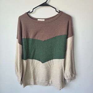 Hailey & Co Womens M Waffle Knit Colorblock Long Sleeve Top Boho Green Taupe
